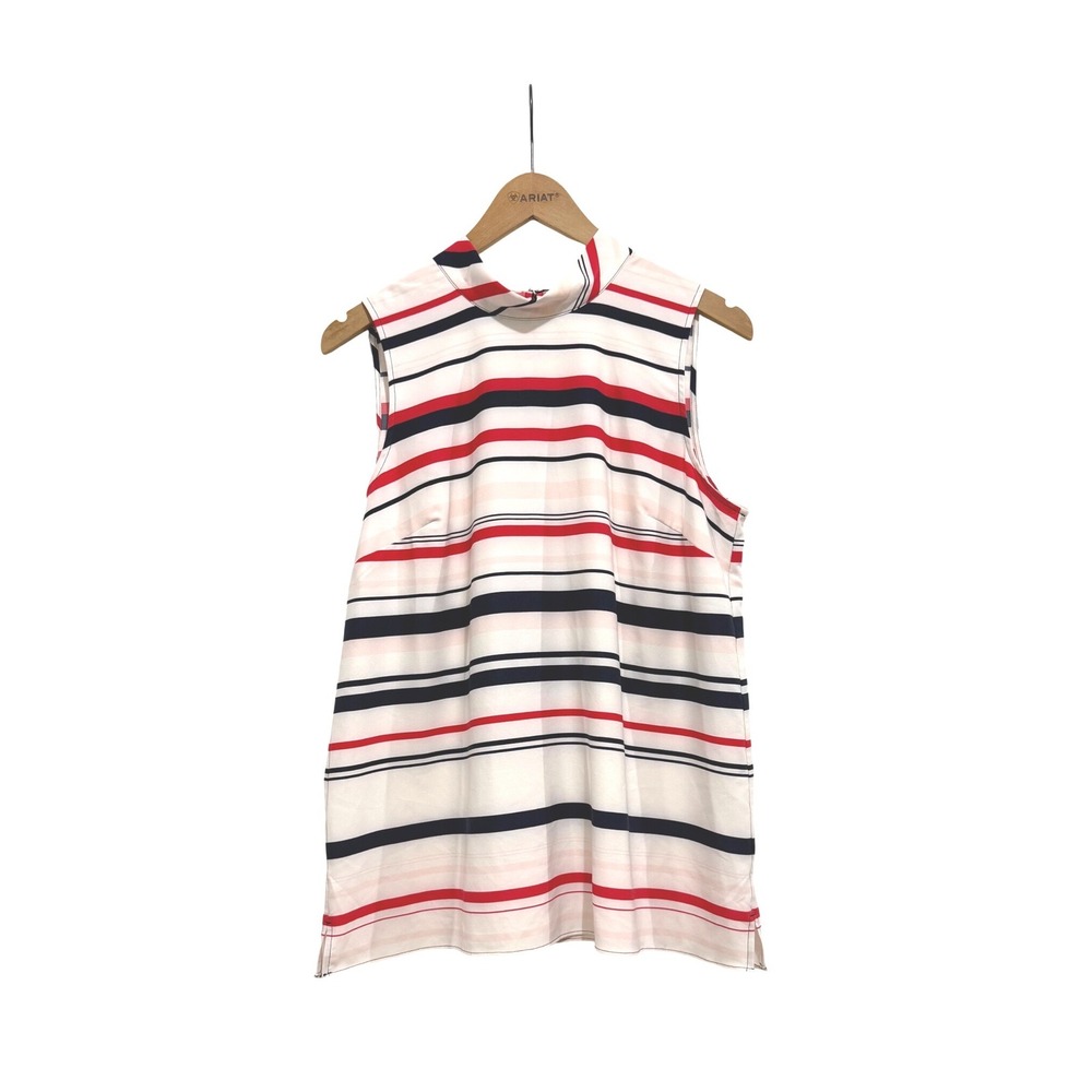 Ann Taylor Factory Womens Mock Neck Sleeveless Striped Blouse Red Navy White M